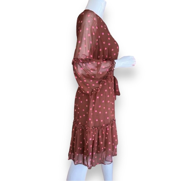 MAISON TARA CHIFFON BROWN WITH PINK POLKA DOT SHIRTWAIST DRESS. WOMEN’S SIZE 12 - Picture 4 of 13